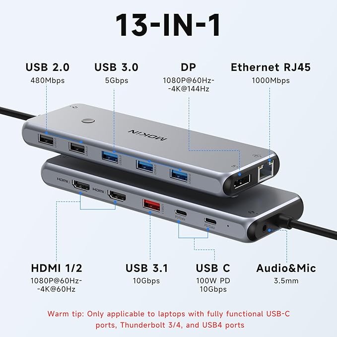 USB C Docking Station 3 Monitors USB C Hub Laptop Dual Monitor Multiport Adapter Dock Dongle,USB C to 2 HDMI,DisplayPort,PD Charging,Ethernet,7 USB C/A 3.1/3.0/2.0 Ports,Audio for Dell/HP/Lenovo