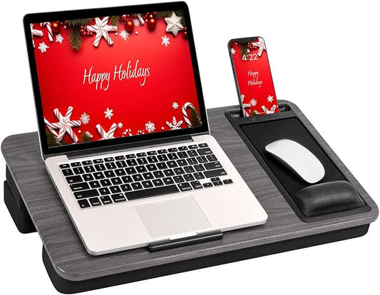 LAPGEAR Extra Large Adjustable Lap Desk with Gel Wrist Rest, Mouse Pad, Phone Holder, Device Ledge, and Booster Cushion - Gray Woodgrain - Fits up to 17.3 Inch Laptops - Style No. 88105