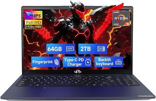 NIMO 15.6" IPS FHD-Gaming-Laptop, 6 Cores AMD Ryzen 5 6600H 64GB DDR5 RAM 2TB SSD (Beat i7-1165G7 up to 4.5GHz) 660M 6nm GPU-Computer with 100W Type-C Backlit Keyboard, Fingerprint