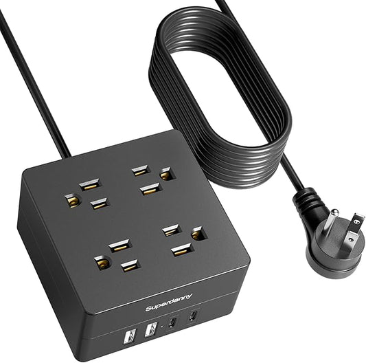Power Strip USB Surge Protector - SUPERDANNY 9.8ft Mountable Charging Station with 4 Widely Spaced Outlets & 4 Smart USB Ports, Desktop Extension Cord for Home, Office, Hotel, Dorm, Room, RV, Black