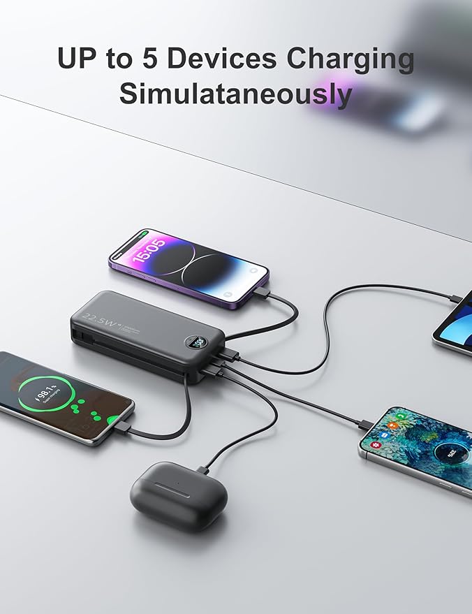 20000mAh Ultra-Portable-Charger-Power-Bank with Built in Cables&AC Wall Plug,PD20W USB-C Fast Charging Cell Phone Charger Battery Pack,LED Display Travel Battery Bank for All iPhone,Samsung,Android