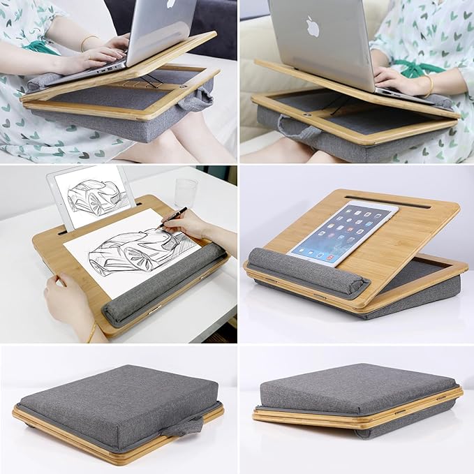 SUMISKY Adjustable Lap Desk-Portable Laptop Stand with Cushion, Bamboo Platform with Phone Holder, Wrist Pad Fits up to 15.6 Inch Laptops