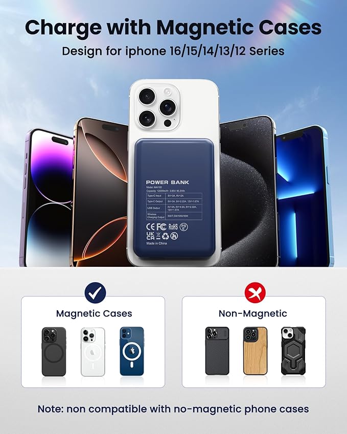 for Magsafe Battery Pack 12000mAh Magnetic Power Bank Portable Charger 20W USB C Fast Charging Wireless Charger for iPhone 16/15/14/13/12