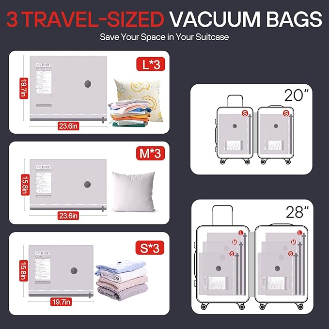 VMstr 9 Pack Vacuum Storage Bags for Travel, Carry-on Size Space Saver Bags for Luggage Clothes and Clothing Compression Packing, High Pressure Electric Pump(DC Power)