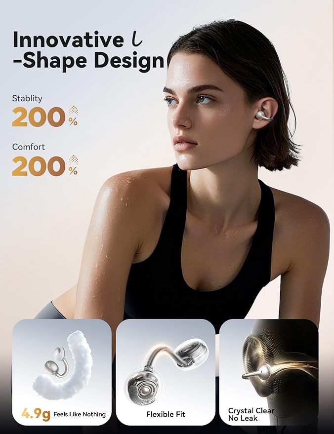 JOYROOM OE3 Open Ear Earbuds, Wireless Clip On Earbuds Headphones, Auto L-R Recognition, Omni Tap Control, Immersive Sound, Ultra-Light 4.9g Fit, Comfortable for Workouts and Daily Use, (Silver White)