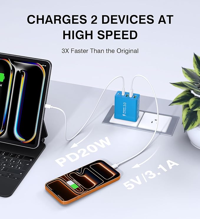 [2-Pack] USB C Wall Charger, 50W USB C Charger Block 5-Port PD Fast Charging Blocks,2USB C+3USB A Multiport Plug,Type C Power Adapter Brick Cube for iPhone17/16/15/14/Pro,iPad,Samsung,for Switch（Blue）