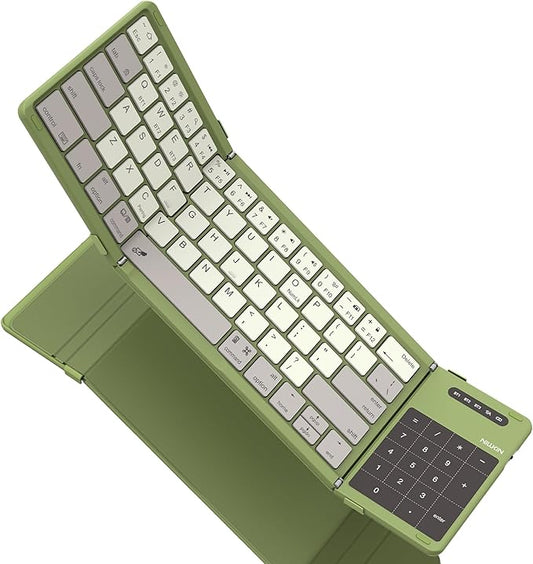 Nillkin Foldable Travel Keyboard with Touchpad & Number Pad, Bluetooth Wireless Portable Folding Full Size Keyboard with Trackpad for PC Laptop iPad Tablets Smartphone, Silicone Leather Cover, Green