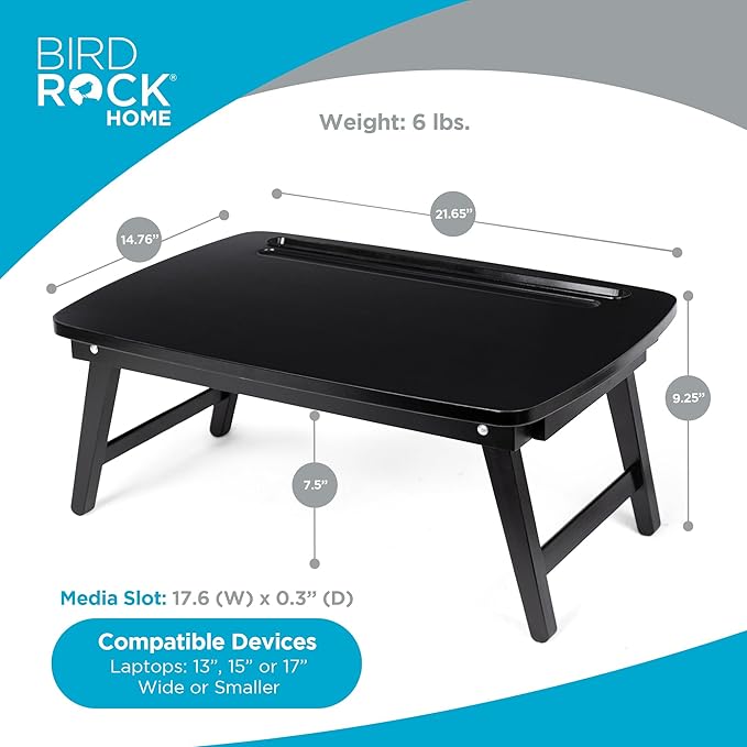 BIRDROCK HOME Bamboo Wood Lap Tray with Foldout Legs, Storage Drawer, Fits Laptops Up to 17", Tablet and Phone Slot, Laptop Table for Sitting or Standing, Work from Home, Workstation - Espresso