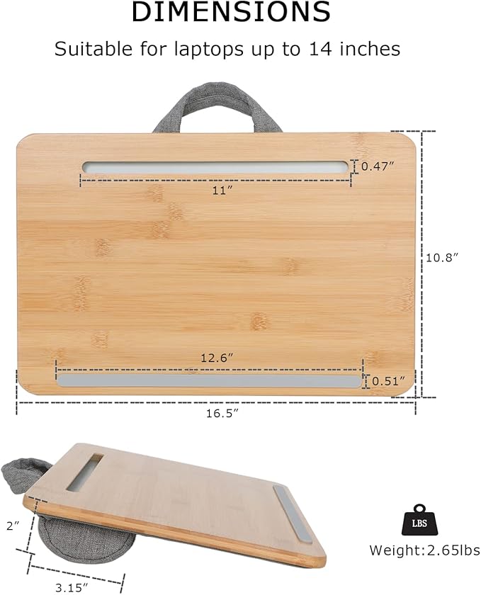 SUMISKY Portable Laptop Desk with Cushion and Phone Holder Bamboo Laptop Stand for Sofa Fits Up to 14 Inches