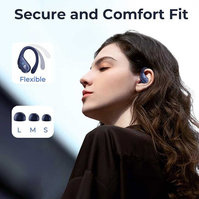 occiam Active Noise Cancelling Ear Buds Bluetooth Headphones Wireless Earbuds 90Hrs Playback Stereo Bass Earphones with Over-Ear Hooks IPX7 Waterproof Earbud for Sports Running Gym Workout Deep Blue