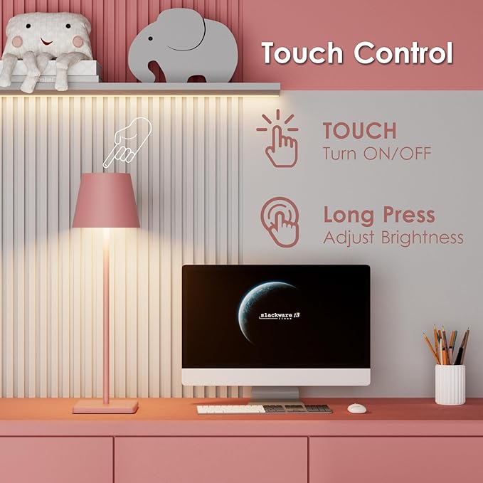 2-Pack LED Cordless Table Lamp, Rechargeable Battery Desk lamp 3W 5500mAh Battery Operated Stepless Dimming Modern Portable Table Light for Restaurant/Bedroom/Outdoor IP54 Waterproof (Pink)