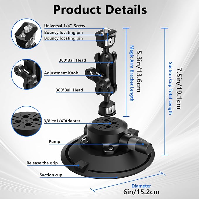 6" Camera Suction Cup Mount with Ball Head Magic Arm,Quick Release Metal Vacuum Suction Cup Mount Car Windshield Dash Mount for Action Camera/Phone Holders with 1/4",1/8" Holes(Black)