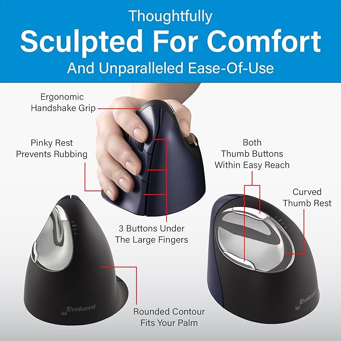 Evoluent – Inventor of the Vertical Mouse – VM4RW Ergonomic Vertical Mouse Right Hand Regular Size Wireless USB, Sculpted for Comfort, Reduces Wrist Strain, 4 Speeds, 6 Customizable Buttons in Windows