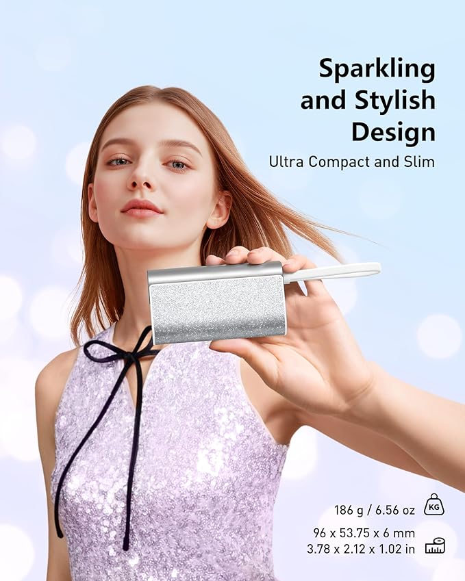 VEGER Compact Portable Charger with Built in Cable(Removable), 10000mAh Cute Power Bank 20W Fast Charging, Sparkling Battery Pack Fashion Travel Accessory Compatible with iPhone 15/14, Android-Sliver