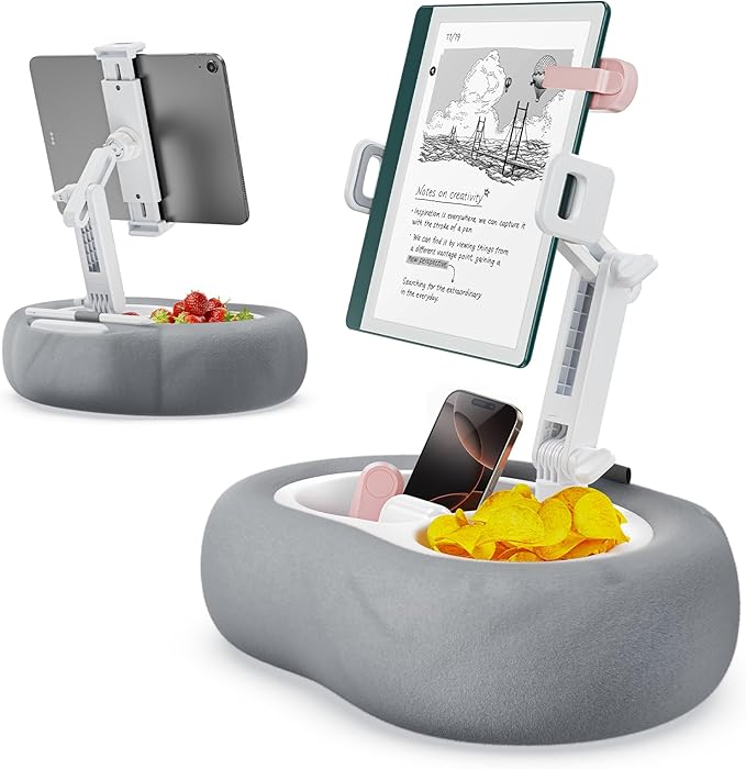 Tablet Kindle Pillow Stand Holder with 2 Trays Fit 4''-13'' Phone/Tablet/Kindle iPad Holder Stand for Bed with Soft Plus Fabric Reading Accessories Gift for Reading, Gray