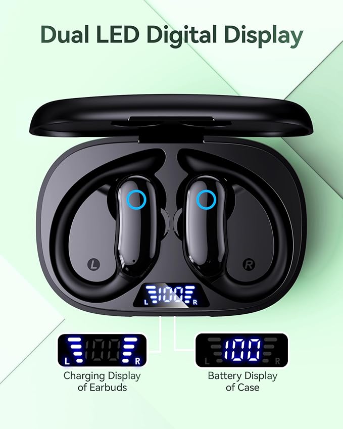 Active Noise Canceling Ear Buds Wireless Earbuds 96hrs Playback Bluetooth Headphones IPX7 Waterproof Stereo Bass Over-Ear Earphones with Earhooks Microphone LED Battery Display for Sports Workout