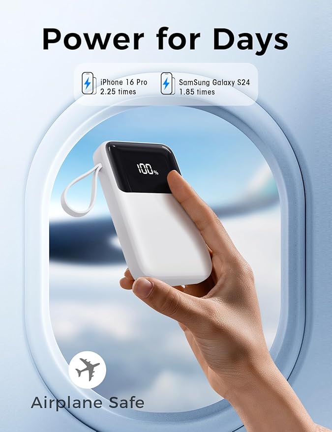 Power Bank, 15000mAh Portable Charger with Built in Cable, 22.5W Fast Charging, 6 Outputs, Slim Travel Essential Battery Pack with LED Display, Compatible with iPhone 16/15/14/13, Samsung, iPad, etc