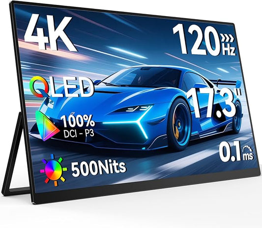 Newsoul 4K QLED Portable Monitor 120Hz Gaming Monitor, 100% DCI-P3 | 2000:1 Contrast | Fast IPS 0.1ms, Built-in Stand | VESA | Speaker, USB-C HDMI Portable Screen for Laptop, Phone, Game Console