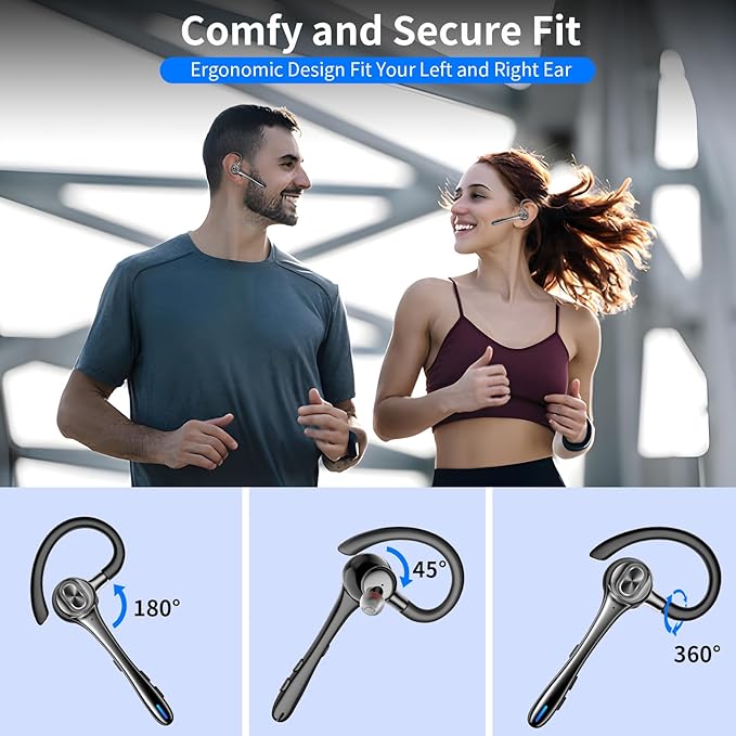 Bluetooth Earpiece Wireless Headset with Noise Cancelling Microphone 160H Standby Time Hands Free Over Ear Ear phone LED Diaplay Charging Case for IOS Android Samsung Cellphones Truck Drivers Business