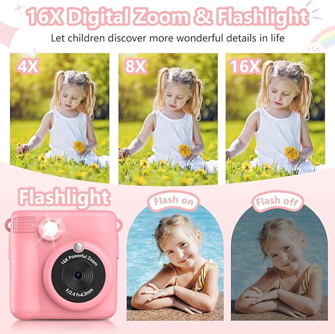 Instant Print Camera for Kids,Christmas Birthday Gifts for Age 3-12 Girls Boys，1080P HD Digital Video Cameras for Toddler,Kids Portable Toy with 3 Rolls Photo Paper，32GB Card-Pink