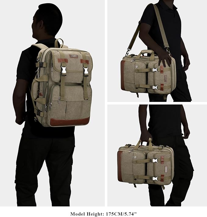 WITZMAN Canvas Travel Backpack for Men Large Laptop Backpack Fit 17 inch Carry-on Airline Approved Convertible Shoulder Rucksack(A6617-3 Army Green)
