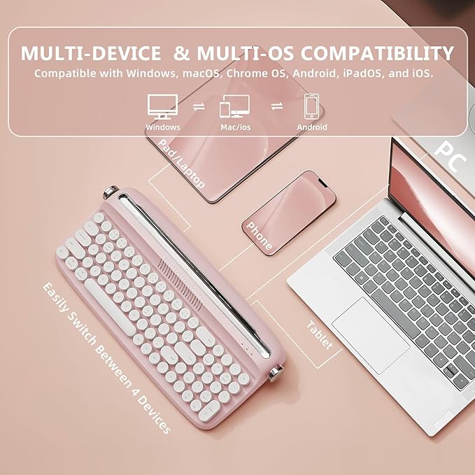 YUNZII Upgraded Wireless Typewriter Keyboard,with Retro Integrated Stand,USB-C/Bluetooth,Cute Round Keycaps, USB-C/Bluetooth Connection for Table, Phone, PC and Win/Mac/Android (B309, Baby Pink)