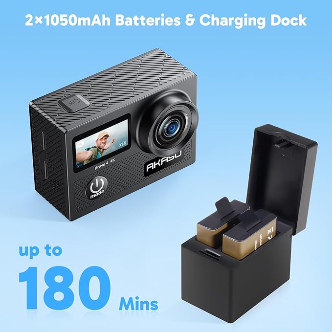 AKASO Brave 4 Action Camera 4K 30fps with 256GB MicroSDXC Card 20MP Ultra HD 131FT Waterproof Underwater Camera EIS WiFi Remote Control 5X Zoom Sport Cameras with Bicycle Accessories Kit Bundle