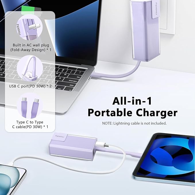 Miady Portable Charger Built-in Foldable Wall Plug, PD 30W 10000mAh Compact Power Bank has USB-C Cable & LED Display, Travel Essential Battery Pack Compatible with iPhone Galaxy Smartphones (Purple)