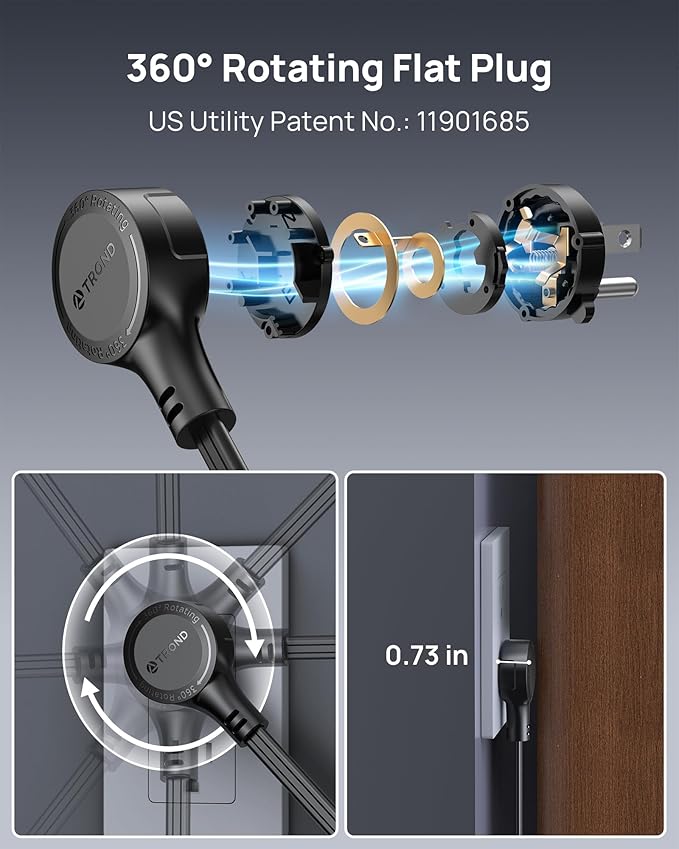 TROND 360° Rotating Flat Plug Power Strip, 10FT Extension Cord with 4 USB Ports, 4 Wide Spaced AC Outlets, Wall Mount, 900J Surge Protector for Office Travel Dorm Room Essentials, Black