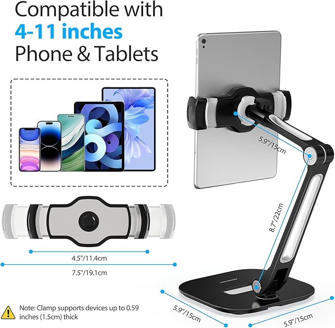 AboveTEK Tablet Stand, Multi-Angle Adjustable iPad Stand Holder, 360° Swivel Tablets Stand Aluminum Desk Mount Fits 4”-11"(Diagonal) iPad/mini/Air/Pro for Business Kiosk Office – Black