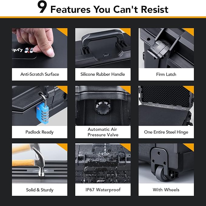 Lykus HC-7240 Large Waterproof Hard Case with Wheels and Customizable Foam, Interior Size 28.3x21.6x15.6 inch, Suitable for cameras, lenses, electronic equipment and more