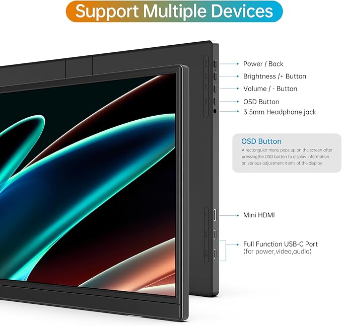 MNN Portable Monitor 14 inch FHD 1920 * 1200P USB C HDMI Ultra-Slim IPS Travel Display w/Speakers, HDR Plug&Play, External Monitor for Laptop PC, Phone,Mac(400cd/m² Brightness)