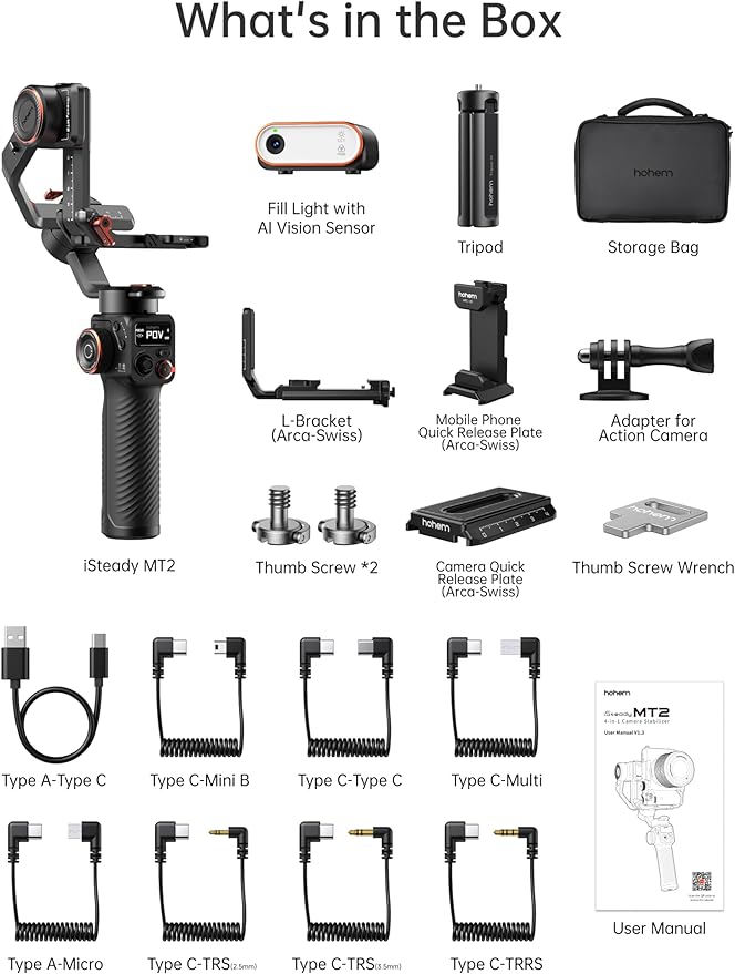 hohem iSteady MT2 Kit Gimbal Stabilizer for Camera, 3-Axis Gimbal for Mirrorless/Pocket/Action Camera/Smartphone, AI Tracker, Magnetic Fill Light Stabilizer, Available for Canon/Nikon/Sony