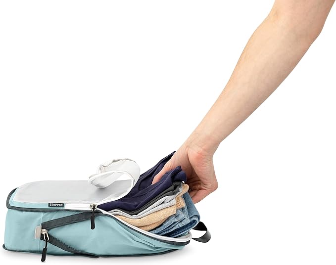 Large Packing Cube Set with See Through Mesh- Compression Packing Cubes Travel Organizers by TRIPPED Travel Gear (Dusty Teal)