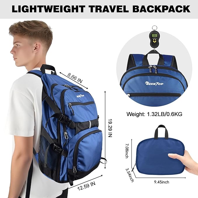 Seektop 40L Hiking Backpack Foldable Daypack for Women Men, Lightweight Travel Backpack Carry on Flight Approved for Camping School Work Business Leisure (Blue)
