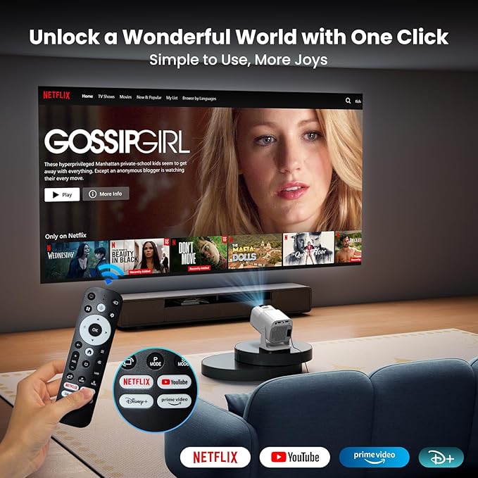 [NetfIix Official/Stereo Speakers] 4K Projector with Wifi and Bluetooth, 1080P Native Mini Projector Portable, One-Click Use Built-in NetfIix/YouTube/PrimeVideo/D+, Smart Home Outdoor Projector-White