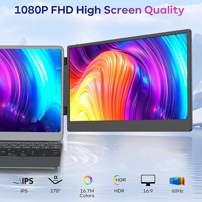 ZUMWALT Portable Laptop Screen Monitors Extender - 14" 1080P FHD Portable Monitors with Adjustable Stand for 13''-16.1'' Laptop, Plug and Play, Compatible with Wins/MacOS/Chrome/Android/PS5/Switch