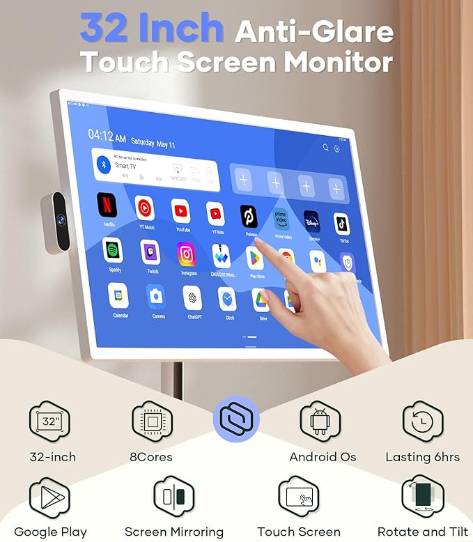 Cozyla Mate 32 Inch Mobile Portable TV Stand on Wheels Support Google Store Full Swivel Rotation Portable Touch Screen Monitor Built-in Battery Smart Rolling Tablet TV 4K Camera Remote Control White