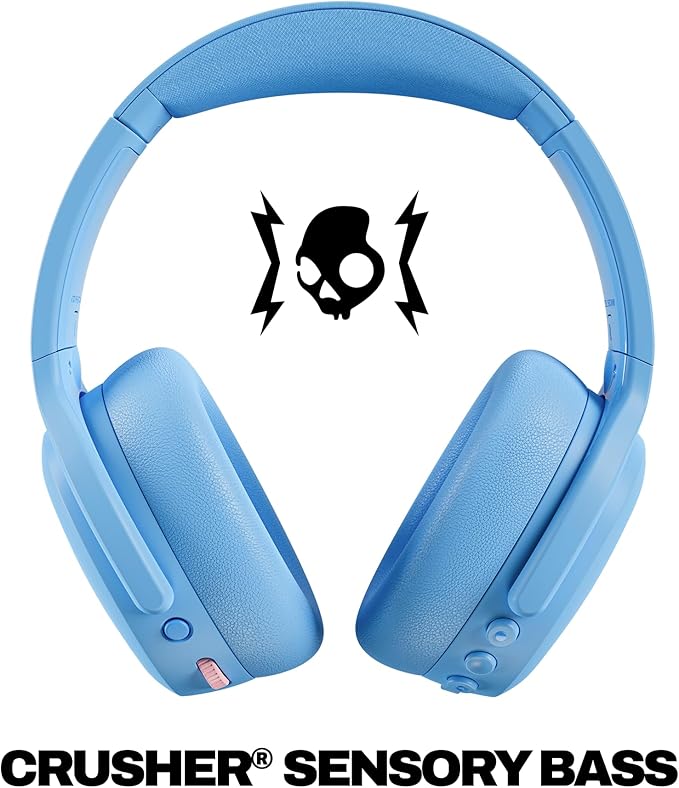 Skullcandy Crusher ANC 2 Wireless Over-Ear Bluetooth Headphones with Extra USB-C Charging Cable, Multi-Sensory Bass, Active Noise Cancelling, 60 Hours Battery, Microphone iPhone Android - Preppy Blue
