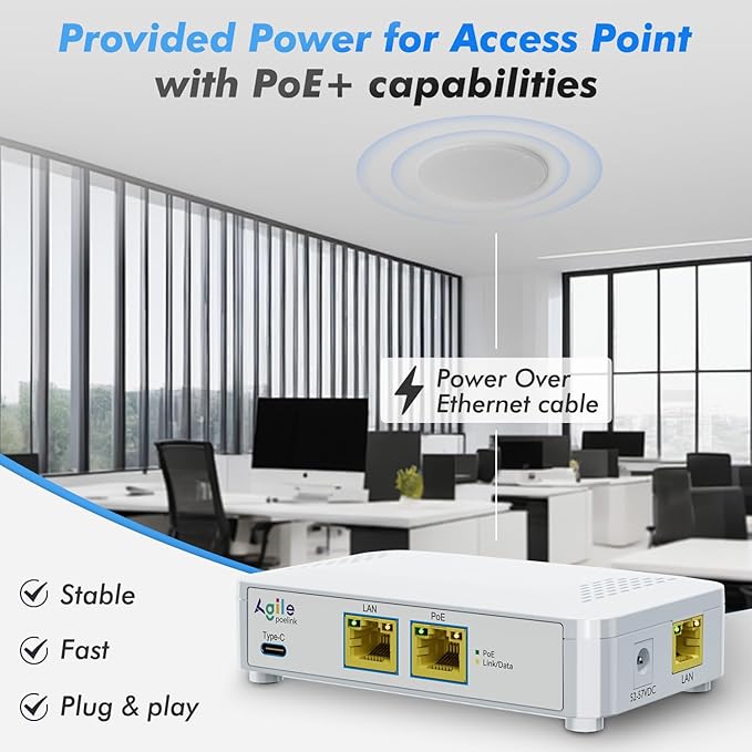 PoE to USB C Switch 60W 802.3af/at Compliant, 1 USB-C Port (30W PD Charging & Gigabit Ethernet) & 1 PoE+ Port & 1 Ethernet Port, for Smartphones/Sablets/Laptops/Camera/Access Point, DC Powered