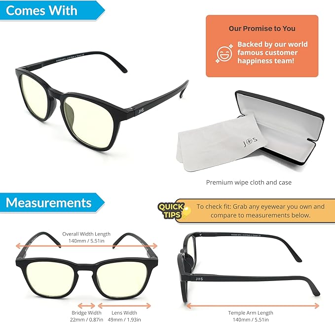 J+S Vision Blue Light Blocking Glasses for Men Women | Computer Gaming Work| Anti Strain Fatigue UV Glare | Medium-Small Fit
