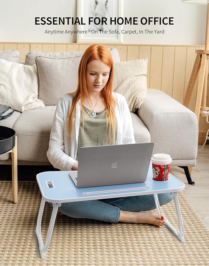 Laptop Bed Desk, Foldable Lap Table, Portable Study Table, Laptop Stand with Cup Holder & Tablet Slot & Lifting Handle for Working Writing Drawing & Eating - Blue