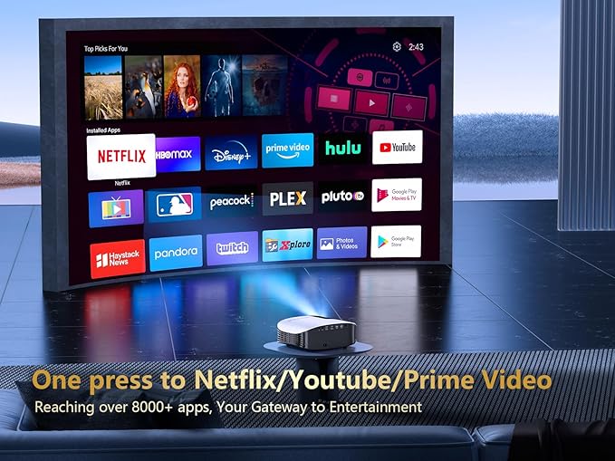 GooDee Smart 4K Projector with 5G WIFI and Bluetooth, Netflix/Amazn Prime Video Certified, Dolby Audio, Outdoor Projector, 400" Zoom Home Theater Projector Compatible with TV Stick,iOS,Android