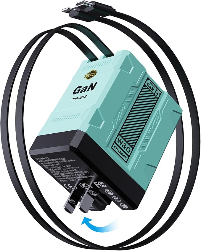 W&O 45W GaN Charger Fast Charging,Retractable Phone Charger Wall Plug with Lightening and Type-C Cables,for iPhone16/15/14/13/12/11 Series, Galaxy S25 24,Android and More (Blue)