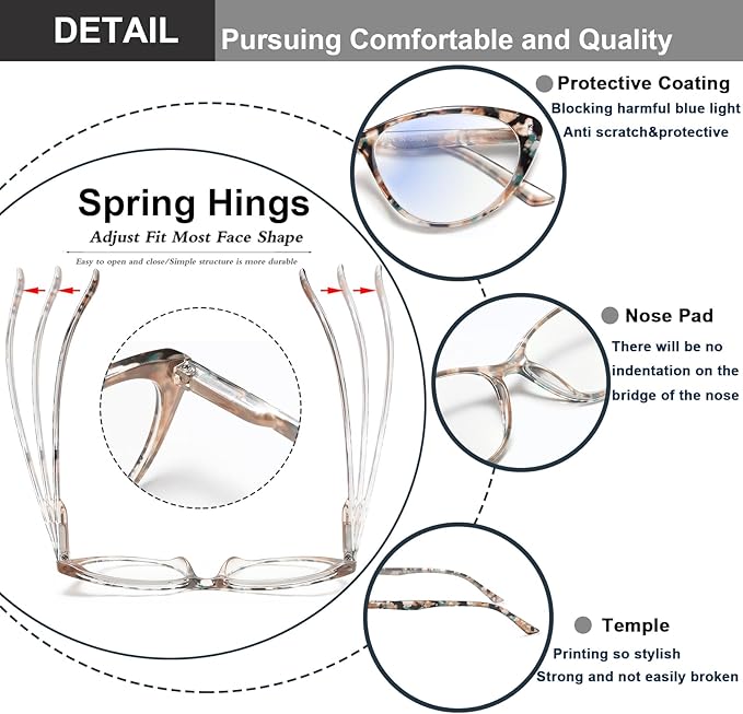 EYEURL Cat Eye Reading Glasses for Women -2 Pack of Blue Light Blocking Readers Spring Hinge Computer Eyeglass with Tortoise/Champagne Pattern Design Readers for women +1.25