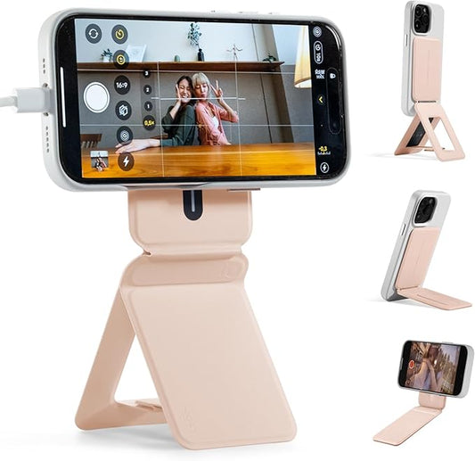 MOFT Phone Tripod Stand Selfie Stick for iPhone, Multi-Angles iPhone Stand, Lightweight & Portable Phone Holder, Strong Magnets, MOVAS Vegan Leather, Travel Essentials, Peach Pink (Without Card Slot)