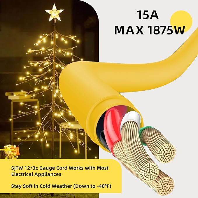 EP 3 Ft Outdoor Extension Cord, 12/3 SJTW Heavy Duty Extension Cable with 3 Prong Grounded Plug, 15 AMP Power Cord for Lawn, Garden, Appliances, Yellow