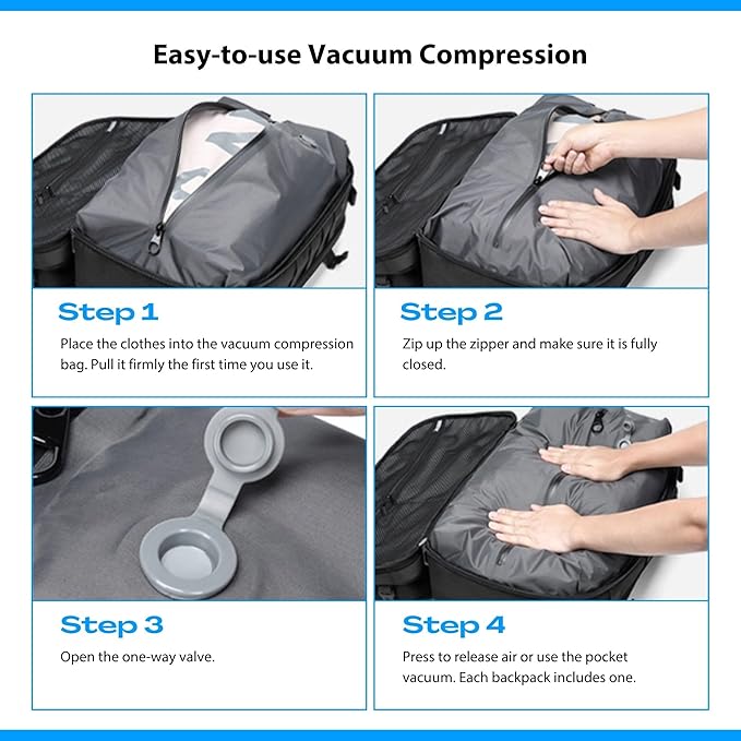Vacuum Travel Backpack, 70L Expandable Air Vacuum Backpack for Travel, Vacpack Travel Vacuum Bags with Pump, TSA Lock, USB Charging Port, Waterproof