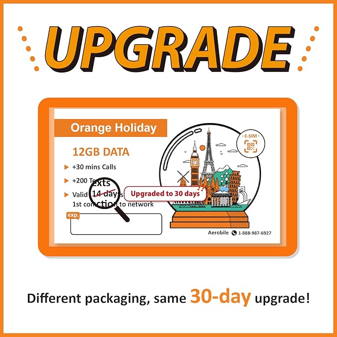 Orange Holiday Europe Prepaid eSIM 12GB Internet Data | 30 Days-Use | Data tethering Allowed | 30min & 200 SMS from Europe to Any Country Worldwide