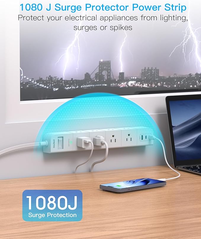 One Beat Extension Cord 15 ft,Surge Protector Power Strip with 8 Widely AC Outlets 3 USB(2 USBC),Flat Plug Power Strip,Desktop Charging Station with Overload Protection for Home,Office,Dorm,ETL Listed